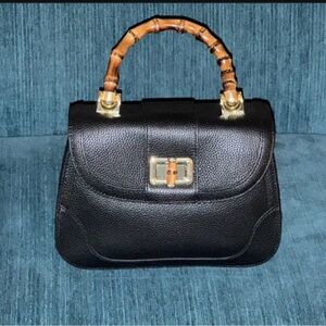 Lilly Pulitzer Poncey Black Leather Bamboo Handle Small Tote New with Dustbag